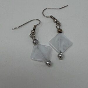 White Glass Diamond Shape Dangle Drop Earrings Silver Tone Hook Fashion Jewelry